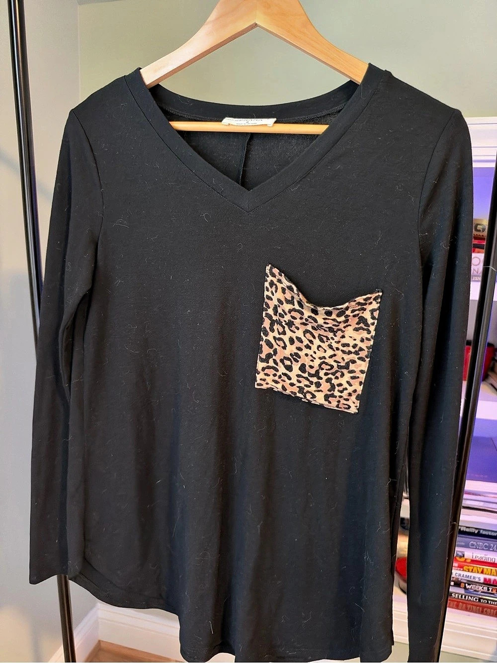 Zenana- Leopard Pocket V-Neck Long Sleeve Top